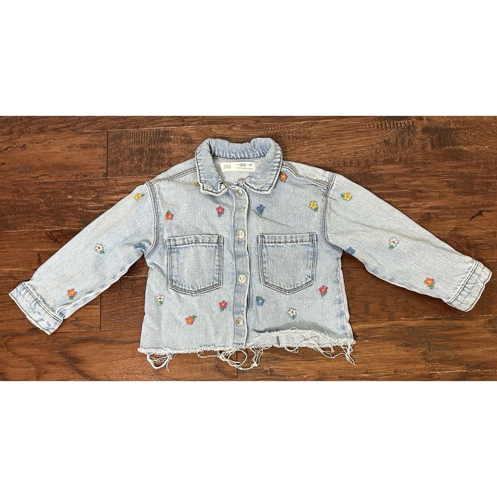 Zara‎ Girls Floral Embroidered Denim Jacket Size 18-24 Months Cut Off Jean Coat